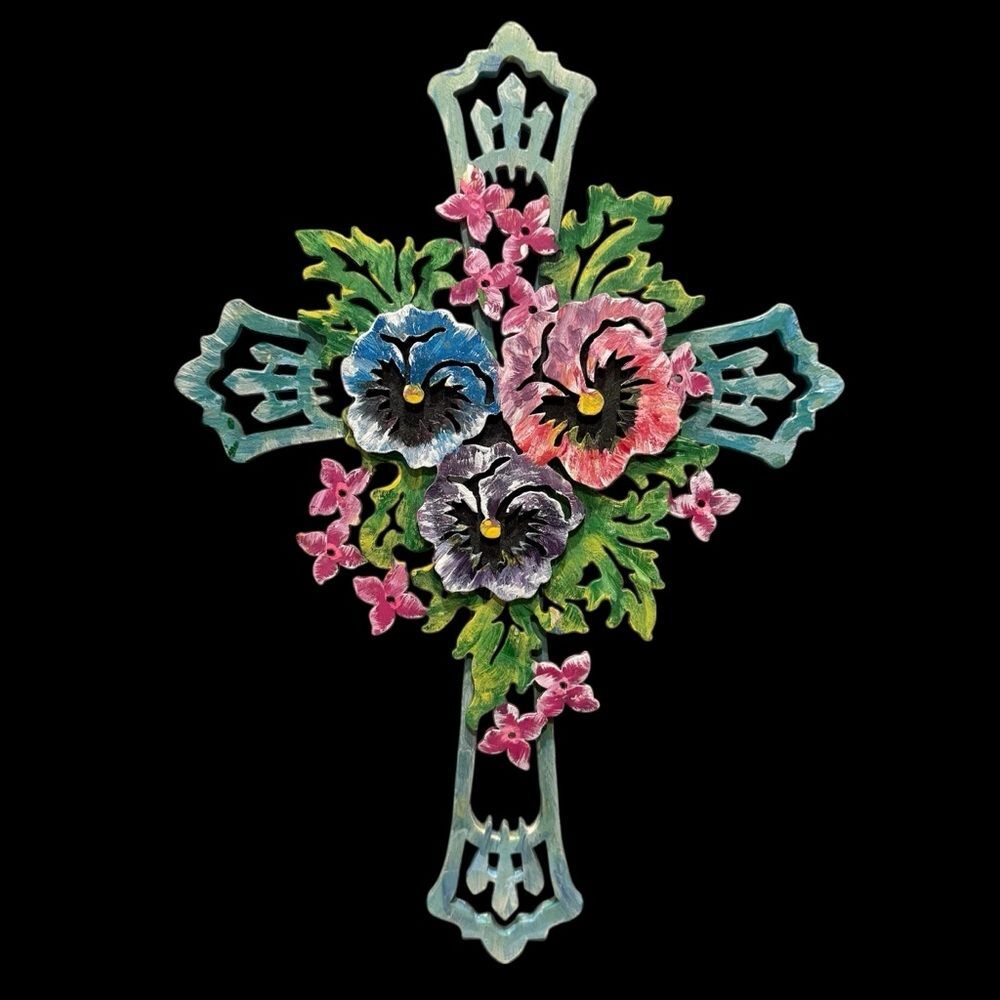 Hand Carved Painted Wooden Cross Floral Pansies 3D